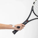 Close-up of the IMU Smart Sensor on the wrist while gripping a tennis racket